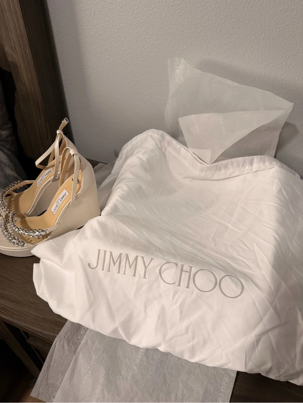 Jimmy Choo Bing Wedges in Latte/Crystal, Size 39 EU, Size 9 US, worn once